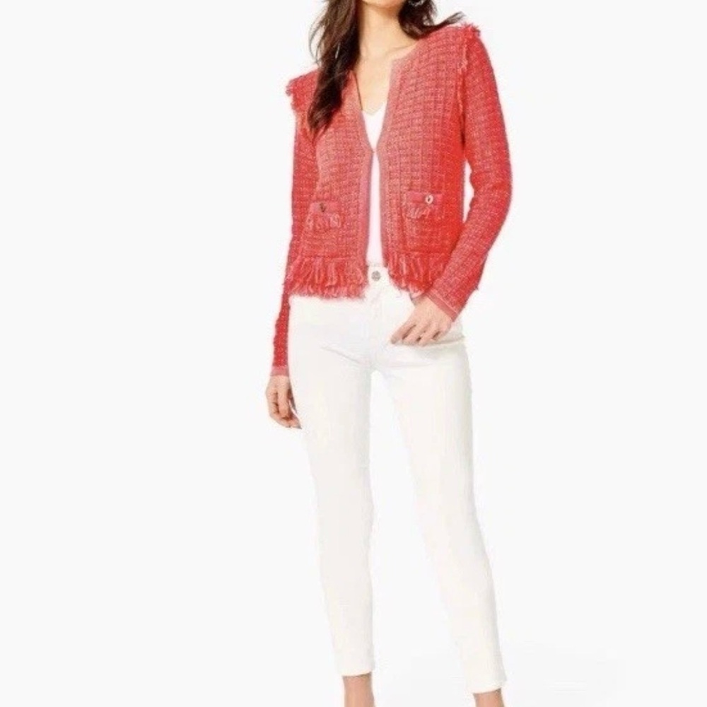 Lilly Pulitzer Simora Spicy Coral Fringe Tweed Jacket - XS - Picture 2 of 7